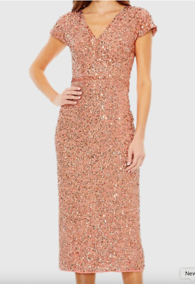 MAC DUGGAL 10766 COPPER SEQUIN SHORT SLEEVE WRAP OVER COCKTAIL  DRESS sz  14