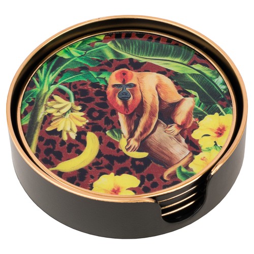 Set Of 4 Coasters Circular Golden Monkey Design - Coffee Table Home Decor - Picture 2 of 4