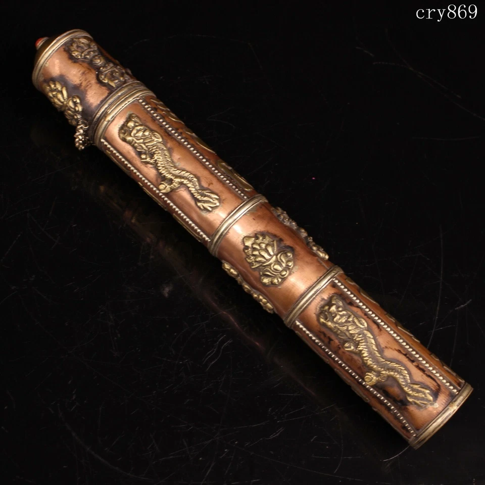 10.8"collection Antique Tibet Pure Copper Handmade Carving Incense Barrel - Image 2 of 4