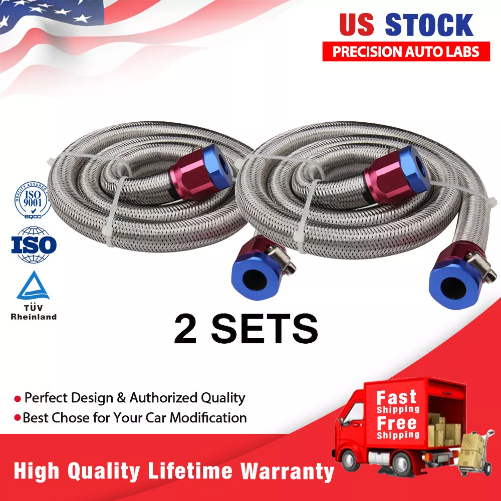 2x 3/8 Universal 3ft Hose Stainless Steel Braided Fuel Line Kit w/ Clamp  1526