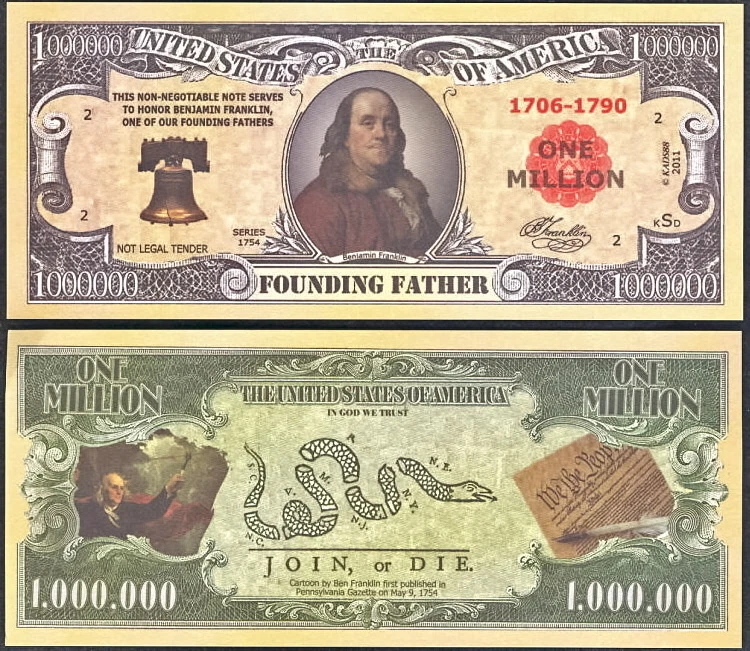 Benjamin Franklin Founding Father Million Dollar Bill Funny Money + FREE SLEEVE