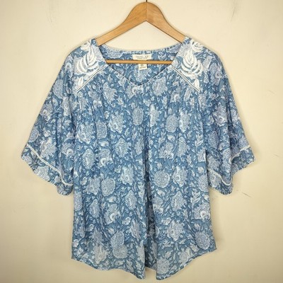 Rachel Zoe Blue Floral Blouse Top M Medium Embroidered Hi Low Hem Boho