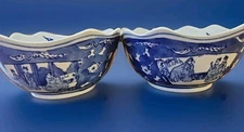 Set Of 2 CHINESE BLUE WHITE SCALLOPED BOWLs CHINOISERIE SCENE AUSPICIOUS SYMBOLS