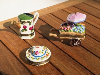 Limoges Set of 3 Trinket Boxes Flower Cart Hat Watering Can Signed
