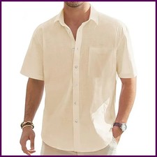 Men's Solid Color Cotton Linen Short Sleeve Shirts Vacation Beach Summer Top