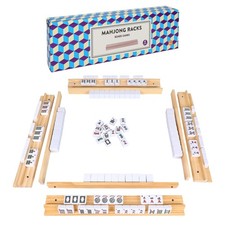 Upgraded Mahjong Racks with Pushers, Set of 4 Trays for Small, Wood Color