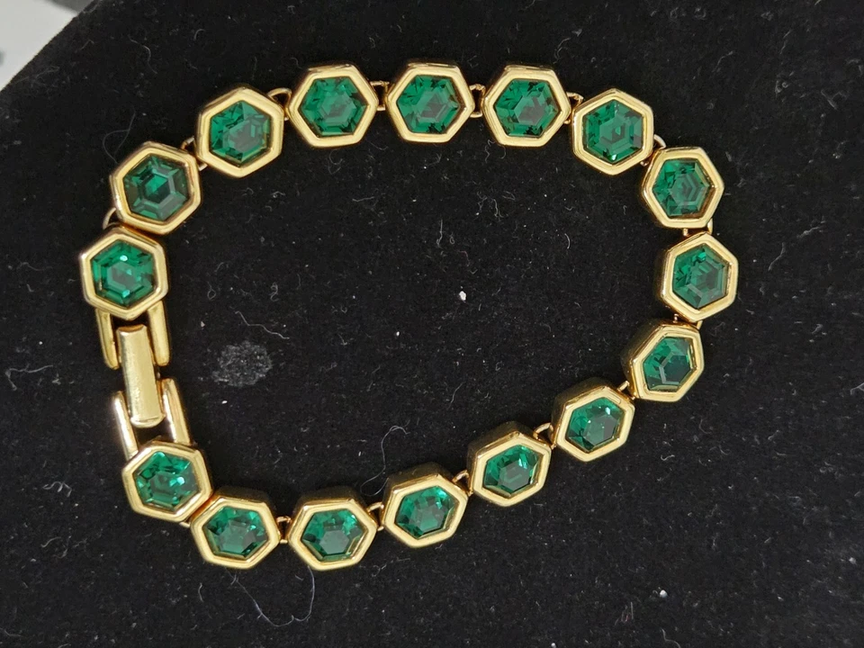 Винтажный Swarovski SAL зеленый кристалл золотой тон теннисный браслет безель комплект круглый   - Изображение 3 из 4