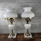 Pair Of His & Hers VTG Fenton White Milk Glass Hobnail Lamps W/ Marbles Bases