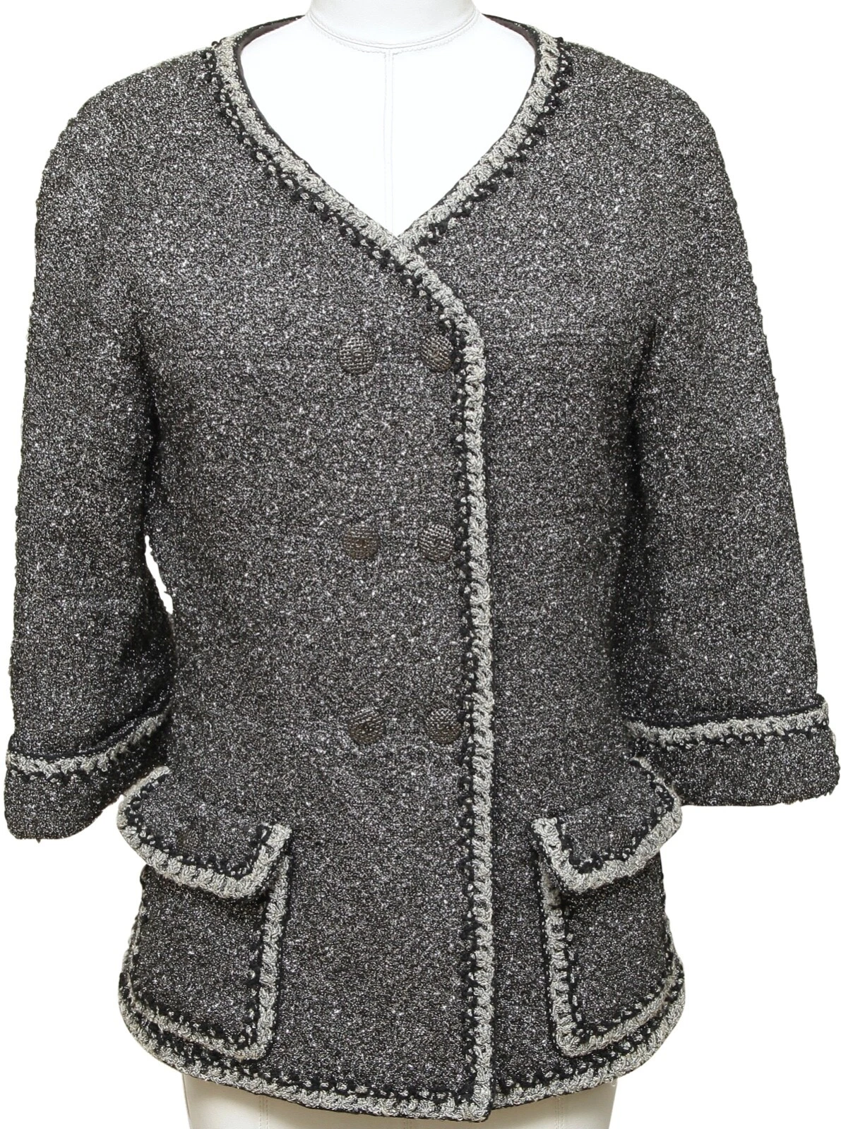 CHANEL Giacca Cappotto Tweed Argento Metallizzato Manica 3 4 Doppiopetto 2014 14P 40