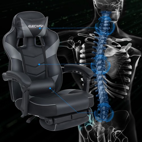 Gaming Stuhl Massage Bürostuhl Chefsessel Racing Drehstuhl Fußstütze 150Kg Grau - Bild 7 von 10