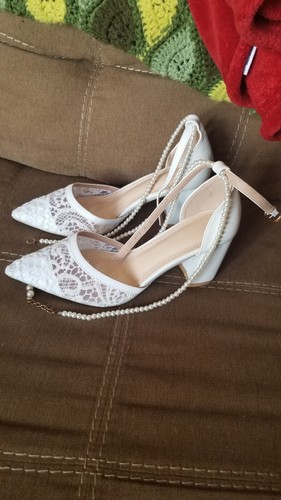 Ivory Lace Mesh With Faux Pearl Strap Bridal Wedding Shoes Pointy Toe Size 8.5 - Picture 2 of 8