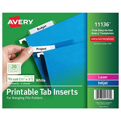 Avery 11136 Printable Inserts for Hanging File Folders,1/5 Tab,Two,White,100/PKK