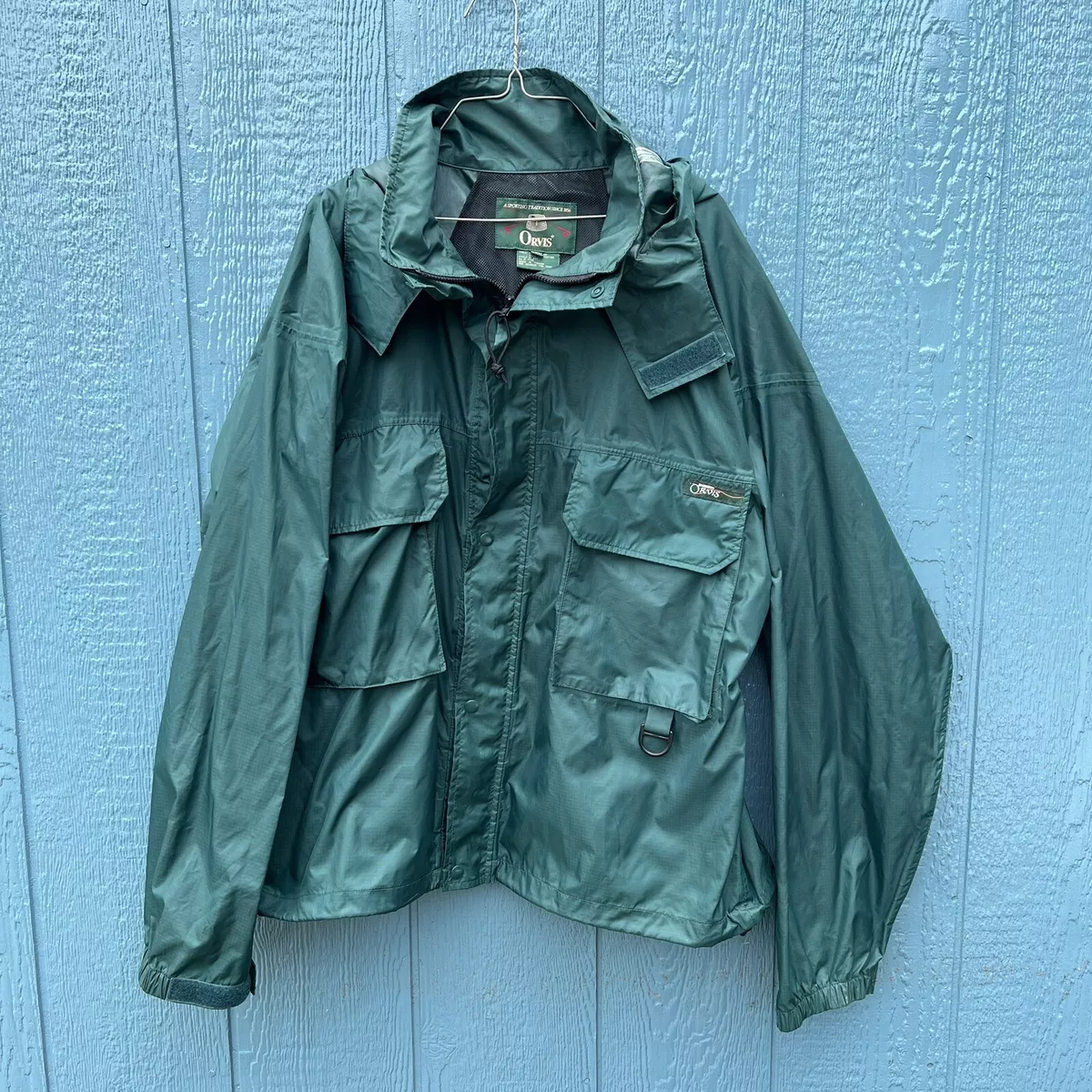 Vintage Orvis Nylon Jacket Green Windbreaker Rain Fly Fishing Hood