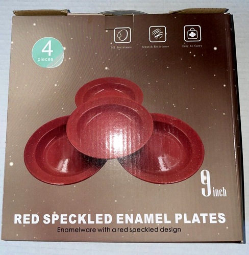 Set 4 Red Speckled Enameled Metal 9" Plates Camping Picnic Travel New in Box