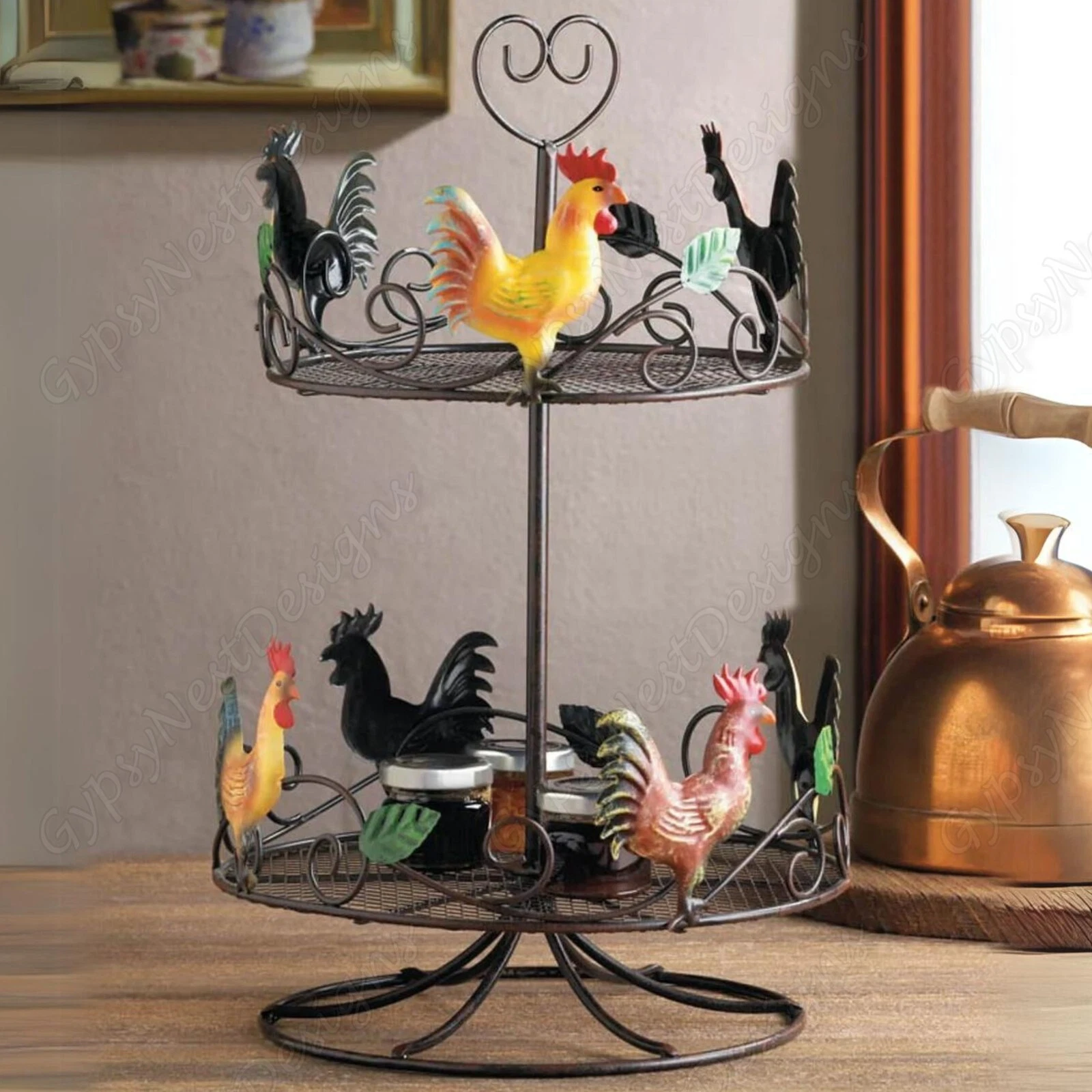 Rooster 2 Tier Serving Tray Stand Spice Rack Countertop Pantry Kitchen Organizer
