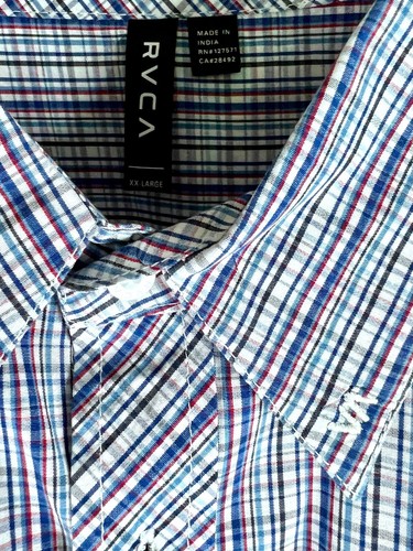 RVCA 2XL Cotton Pocket Logo Short Sleeve Button Up Shirt Blue Contrast Plaid XXL - Picture 12 of 24