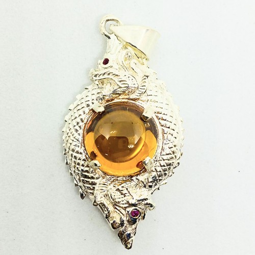 ORANGE Round Naga-eye 2Heads Pendant 925-Silver Jewelry Thai Amulet Wealthy Rich - Picture 3 of 5