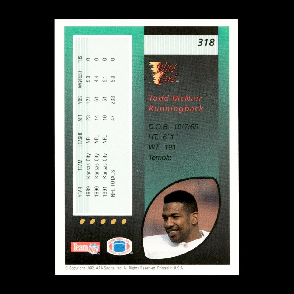 Todd McNair 1992 Wild Card 1000 Stripe #318 Kansas City Chiefs RARE - Image 2 of 2