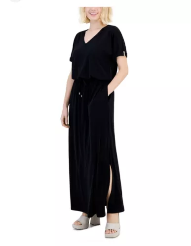 Inc International Concept Women Maxi Dress Side Slit Draw String Black 4X