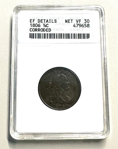 1806 Draped Bust Head Large Half Cent ANACS VF-30 Details 1/4 Die Rotation - Picture 2 of 7