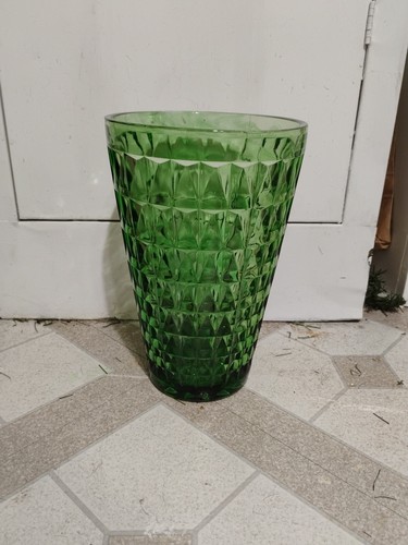 GREEN Windsor Art Glass Vase Vintage 10" MCM jEANNETTE BLENKO? Geometric Diamond - Picture 5 of 11
