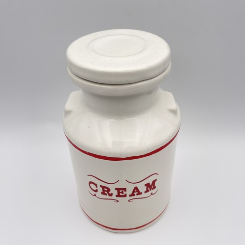 Vtg CREAM JAR PITCHER white & red jug Pottery canister w/ lid 48 oz Farmhouse - Picture 2 of 12