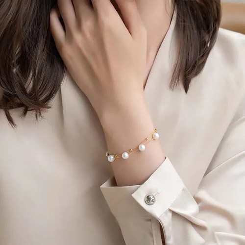 18K Gold Natural Freshwater Pearl Double layer Bracelet Bead Heart Charm - Picture 6 of 11