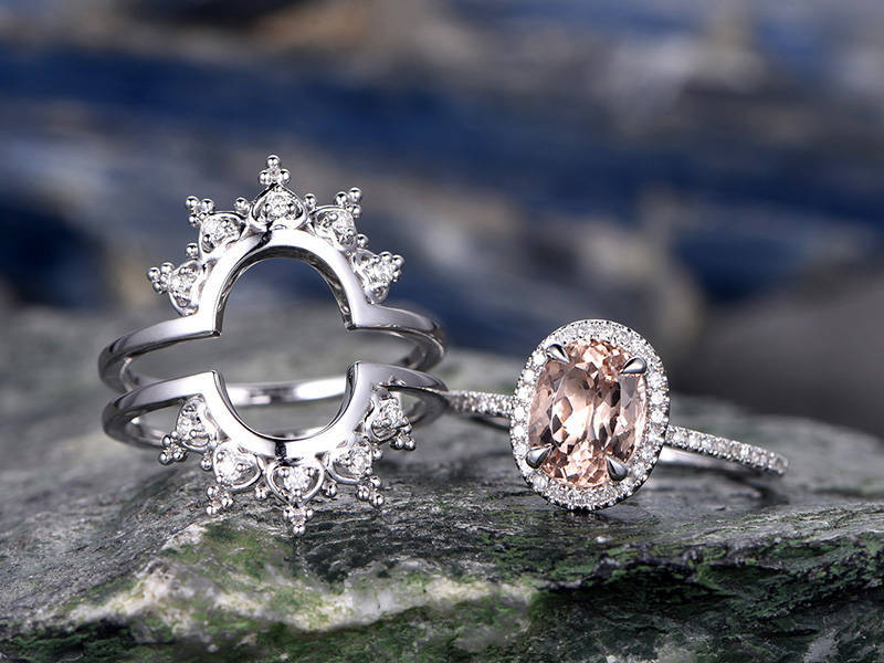 2Ct Simulated Peach Morganite Halo Solitaire Ring and Guard White Gold Plated