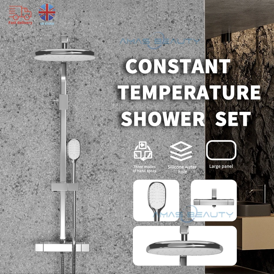 AMAS-BEAUTY Thermostatic Exposed Shower Mixer Bathroom Twin Head Large Square Bar Set Chrome