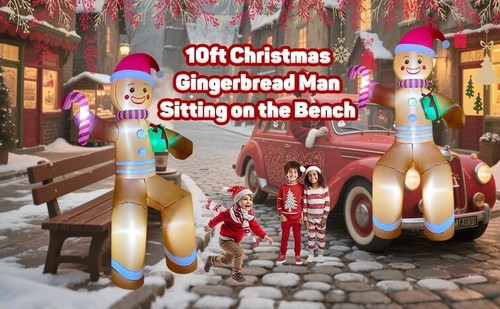 10FT Christmas Inflatable Outdoor Decoration, Giant Sitting Gingerbread - Picture 5 of 8