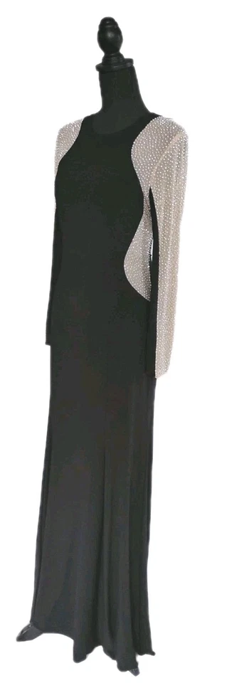 Vestido Xscape 10 preto bege nude noite rabo de peixe maxi formal malha vestido frisado M - Imagem 3 de 4