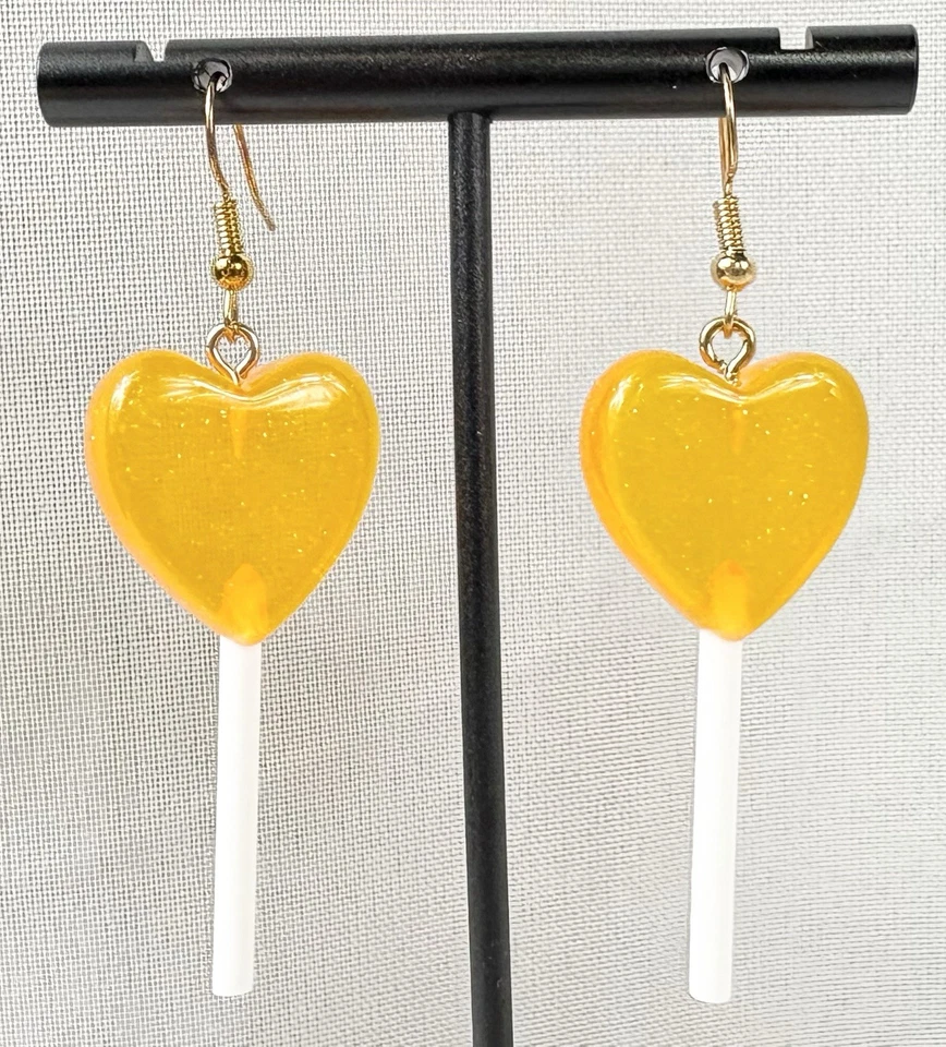 Naranja Brillo Corazón Piruleta Gancho Gota Colgante Pendientes Perforados Dulces Caramelo Foto 3 de 4