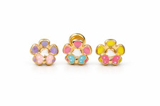 14k Yellow Gold Baby Enamel Flower earrings with butterfly, Screw Back