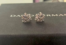 David/Yurman Sterling Silver Wrap 9mm White Topaz & Diamonds Stud Earrings
