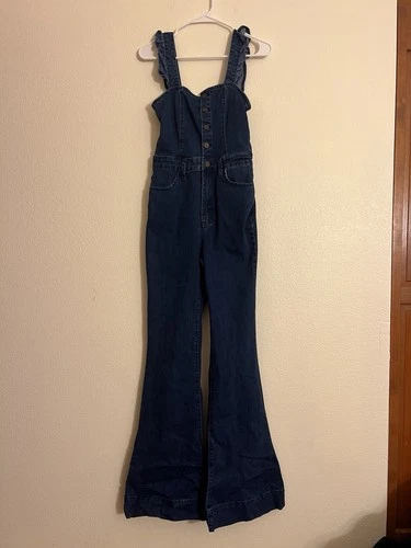 Show Me Your Mumu Rhea Denim Jumpsuit Ruffled Flare Wide Leg Size Small