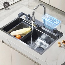 Waterfall Kitchen Sink Large Single Slot Integrated Digital Display Faucet Set