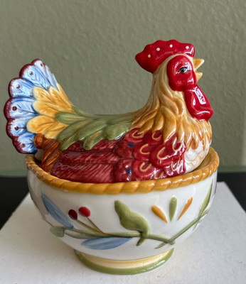 Fitz & Floyd garden medley Colorful Rooster Condiment / Sugar Bowl No Spoon