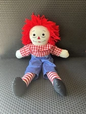 Vintage Raggedy Andy Cloth Doll 19” Red Yarn Hair Gingham Shirt Heart 1980s