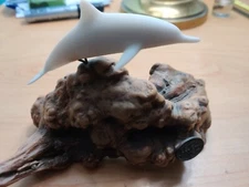 Vintage John Perry Carved Dolphin Sculpture W/Burlwood Base