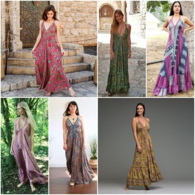 Indian Silk Dress Summer Hippie Halter Long Silk Sari Beach Wear Wholesale 20 Pc