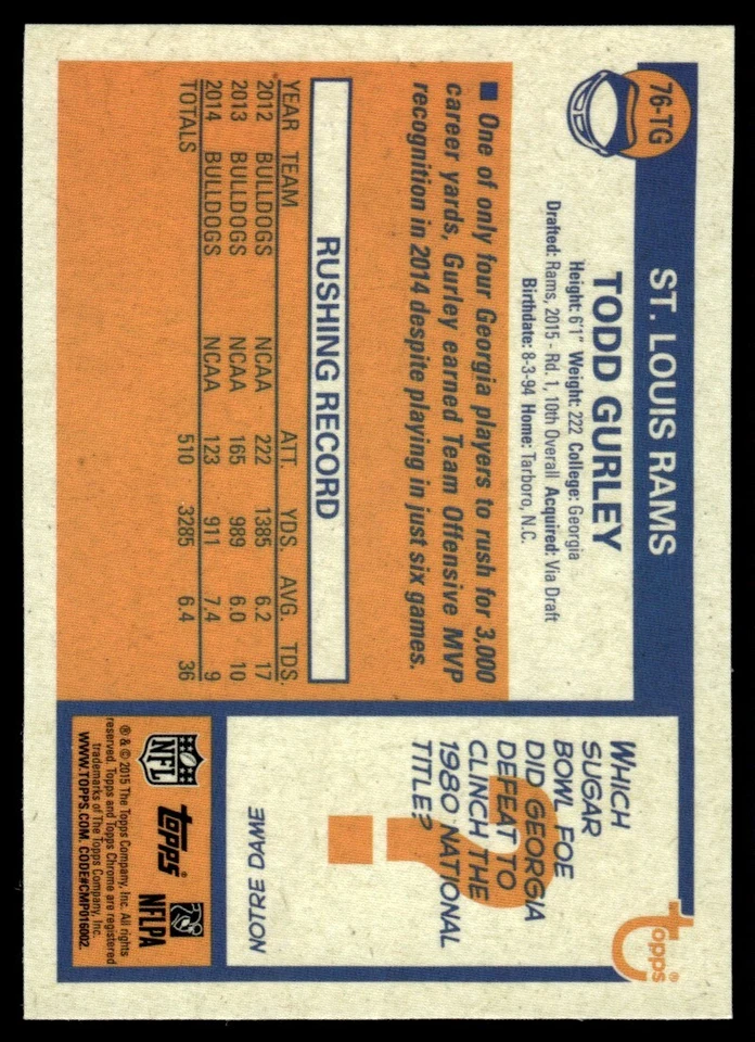 2015 Topps Chrome 1976 Football Todd Gurley #76-TG - Image 2 of 2