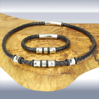Lederkette und/oder Armband mit Beads Edelstahl | Set + Einzeln | Herrenkette - Bild 1 von 4