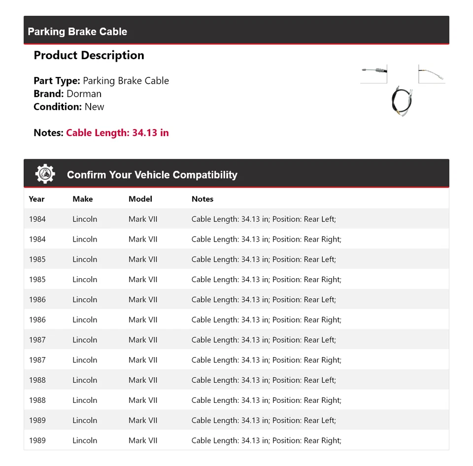 For 1984-1989 Lincoln Mark VII Dorman Parking Brake Cable 1985 1986 1987 1988 - Image 2 of 4