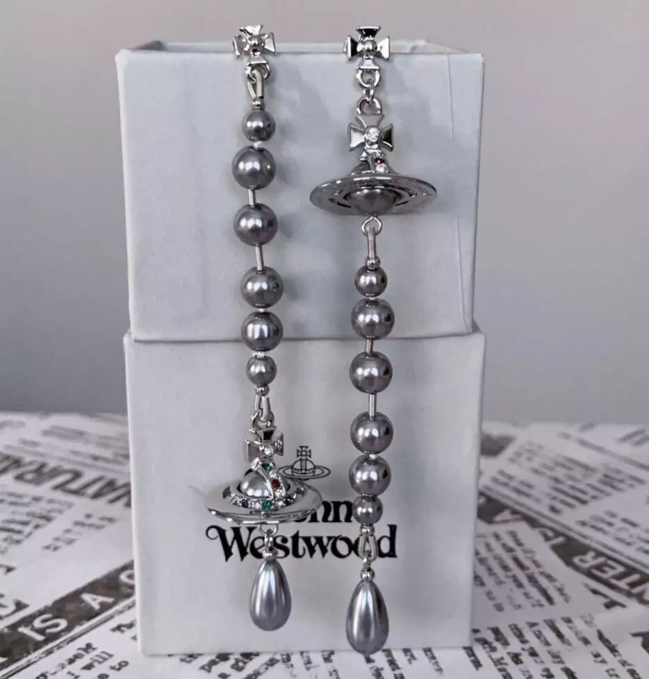 Vivienne Westwood Long Pearl Earring Silver Gray Orb Drop Outlet authentic NoBox