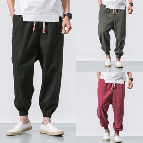 Mens Solid Color Mid Elastic Waist Casual Trousers Drawstring Pants With Pockets
