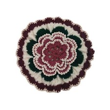 Vintage Unused Round 8" 3D Flower Crocheted Potholder Rose Burgundy Green White