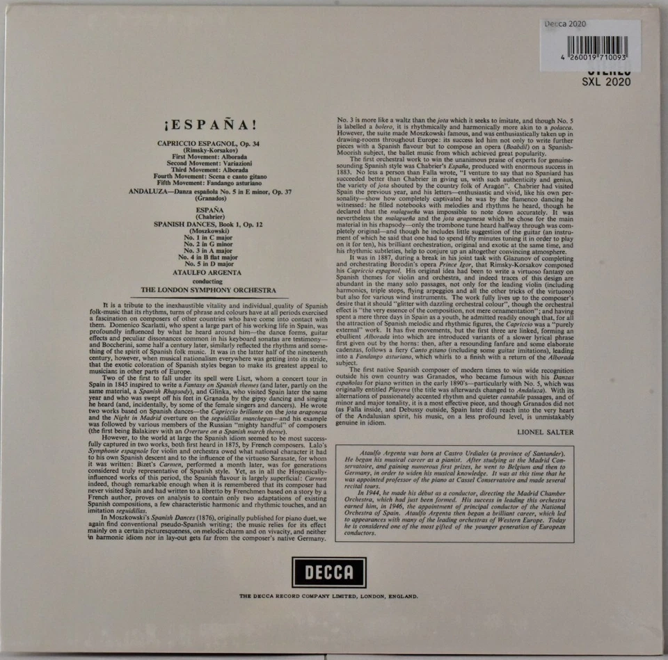 AUDIOPHILE DECCA-SPEAKERS CORNER SXL 2020 "Espana" Ataulfo ARGENTA LSO SEALED - Image 2 of 2