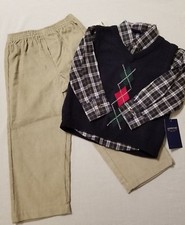 NWT Arrow Boys Size 4 Pants, Shirt, Sweater Vest 3 Pc Set Navy Plaid, Green Tan
