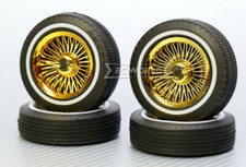 1/10 LOW RIDER White Wall RIMS + TIRES W Nut Covers (4PCS) Set -GOLD CHROME-
