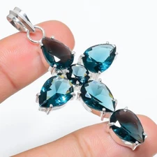 London Blue Topaz Gemstone Handmade 925 Sterling Silver Jewelry Pendant Sz 2.5"